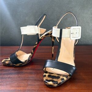 Christian Louboutin Leopard Print Heels with Black and White Straps 38